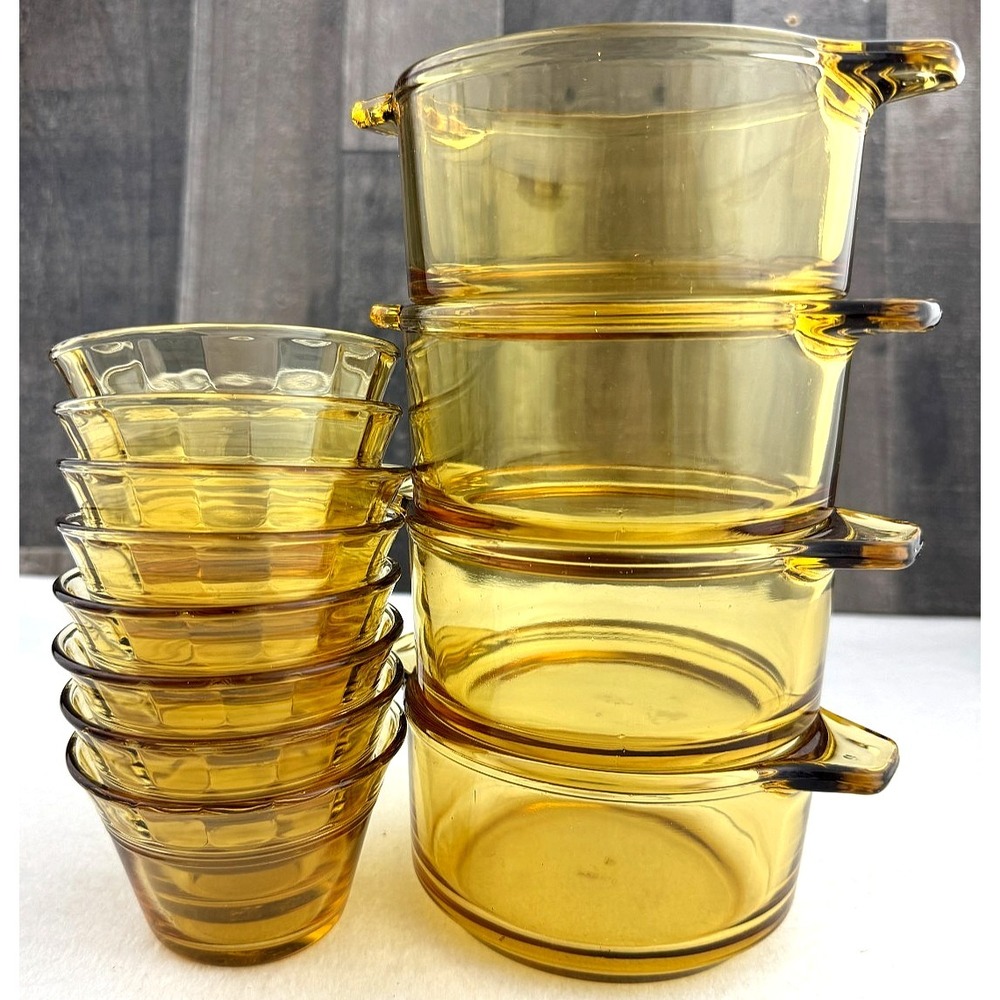 Vintage Mexican Amber Glass 12 Pc MCM‎ Dessert Bowls Soup Cups Set